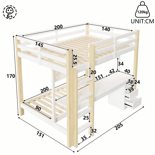 Cama alta 90x200 cm e 140x200 cm - Com gavetas e secretária, com sistema de suspensão de painel perfurado, inclui fita LED - Branco + Natural Cama alta 90x200 cm e 140x200 cm - Com gavetas e secretária, com sistema de suspensão de painel perfurado, inclui fita LED - Branco + Natural