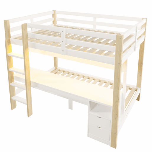Cama alta 90x200 cm e 140x200 cm - Com gavetas e secretária, com sistema de suspensão de painel perfurado, inclui fita LED - Branco + Natural Cama alta 90x200 cm e 140x200 cm - Com gavetas e secretária, com sistema de suspensão de painel perfurado, inclui fita LED - Branco + Natural