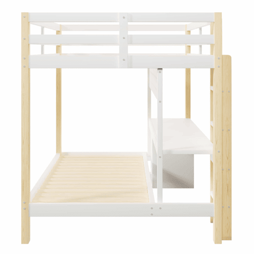 Cama alta 90x200 cm e 140x200 cm - Com gavetas e secretária, com sistema de suspensão de painel perfurado, inclui fita LED - Branco + Natural Cama alta 90x200 cm e 140x200 cm - Com gavetas e secretária, com sistema de suspensão de painel perfurado, inclui fita LED - Branco + Natural