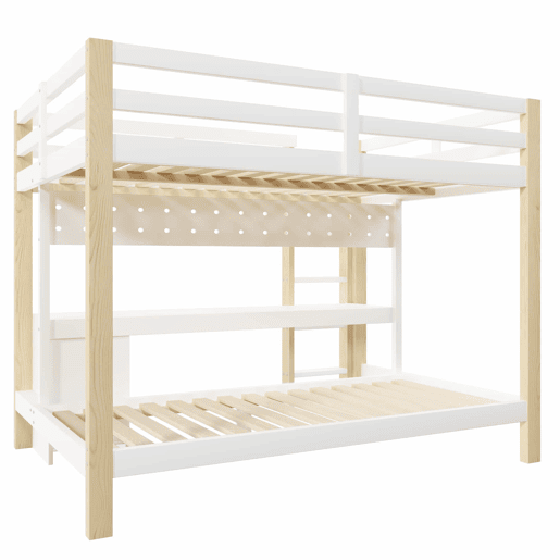 Cama alta 90x200 cm e 140x200 cm - Com gavetas e secretária, com sistema de suspensão de painel perfurado, inclui fita LED - Branco + Natural Cama alta 90x200 cm e 140x200 cm - Com gavetas e secretária, com sistema de suspensão de painel perfurado, inclui fita LED - Branco + Natural