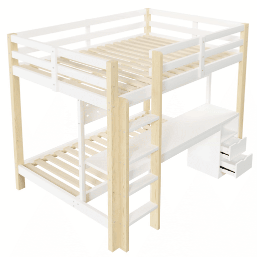 Cama alta 90x200 cm e 140x200 cm - Com gavetas e secretária, com sistema de suspensão de painel perfurado, inclui fita LED - Branco + Natural Cama alta 90x200 cm e 140x200 cm - Com gavetas e secretária, com sistema de suspensão de painel perfurado, inclui fita LED - Branco + Natural