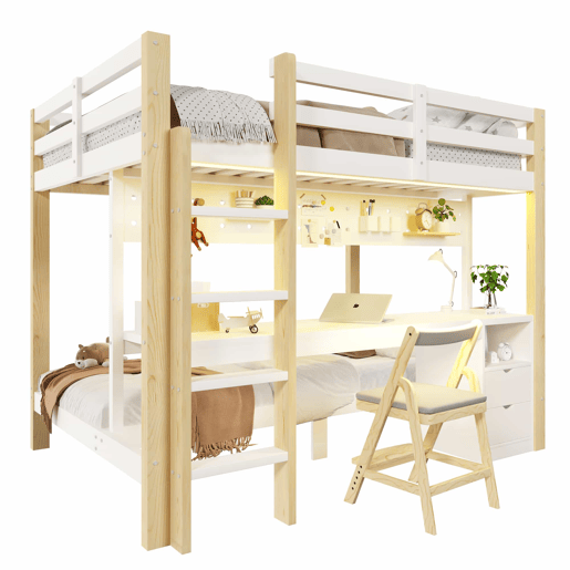 Cama alta 90x200 cm e 140x200 cm - Com gavetas e secretária, com sistema de suspensão de painel perfurado, inclui fita LED - Branco + Natural Cama alta 90x200 cm e 140x200 cm - Com gavetas e secretária, com sistema de suspensão de painel perfurado, inclui fita LED - Branco + Natural