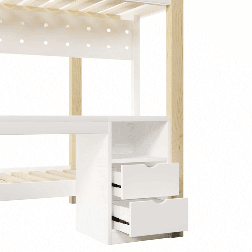 Cama alta 90x200 cm e 140x200 cm - Com gavetas e secretária, com sistema de suspensão de painel perfurado, inclui fita LED - Branco + Natural Cama alta 90x200 cm e 140x200 cm - Com gavetas e secretária, com sistema de suspensão de painel perfurado, inclui fita LED - Branco + Natural