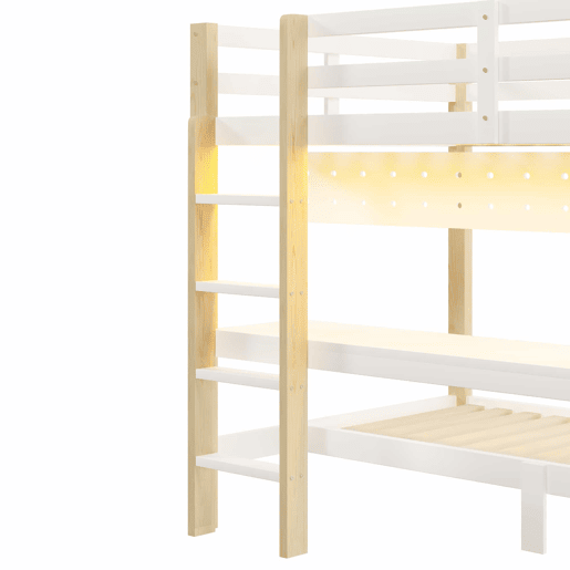 Cama alta 90x200 cm e 140x200 cm - Com gavetas e secretária, com sistema de suspensão de painel perfurado, inclui fita LED - Branco + Natural Cama alta 90x200 cm e 140x200 cm - Com gavetas e secretária, com sistema de suspensão de painel perfurado, inclui fita LED - Branco + Natural