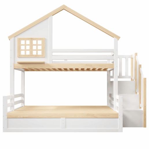 Cama alta 90x200 cm e 140x200 cm - Sistema hidráulico, com grade de proteção, escada com espaço de arrumação, decoração de janela e casinha - Branco + Natural Cama alta 90x200 cm e 140x200 cm - Sistema hidráulico, com grade de proteção, escada com espaço de arrumação, decoração de janela e casinha - Branco + Natural