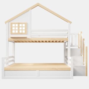 Cama alta 90x200 cm e 140x200 cm - Sistema hidráulico, com grade de proteção, escada com espaço de arrumação, decoração de janela e casinha - Branco + Natural