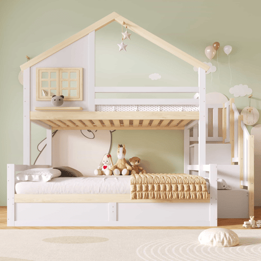 Cama alta 90x200 cm e 140x200 cm - Sistema hidráulico, com grade de proteção, escada com espaço de arrumação, decoração de janela e casinha - Branco + Natural Cama alta 90x200 cm e 140x200 cm - Sistema hidráulico, com grade de proteção, escada com espaço de arrumação, decoração de janela e casinha - Branco + Natural