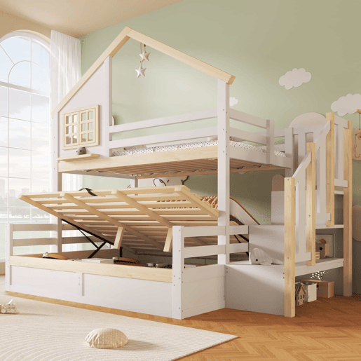Cama alta 90x200 cm e 140x200 cm - Sistema hidráulico, com grade de proteção, escada com espaço de arrumação, decoração de janela e casinha - Branco + Natural Cama alta 90x200 cm e 140x200 cm - Sistema hidráulico, com grade de proteção, escada com espaço de arrumação, decoração de janela e casinha - Branco + Natural