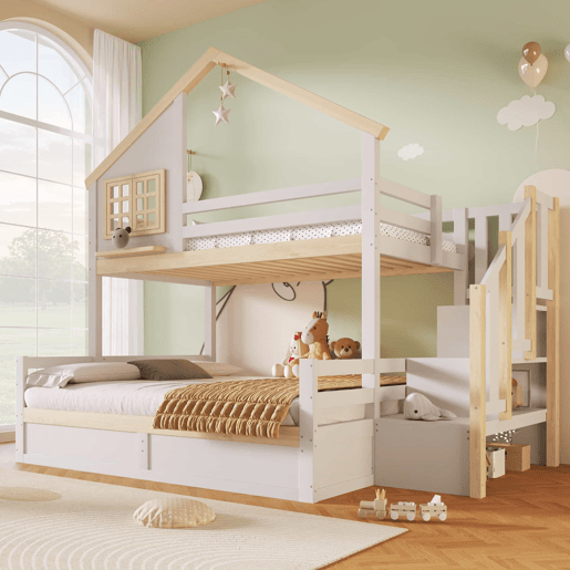 Cama alta 90x200 cm e 140x200 cm - Sistema hidráulico, com grade de proteção, escada com espaço de arrumação, decoração de janela e casinha - Branco + Natural Cama alta 90x200 cm e 140x200 cm - Sistema hidráulico, com grade de proteção, escada com espaço de arrumação, decoração de janela e casinha - Branco + Natural