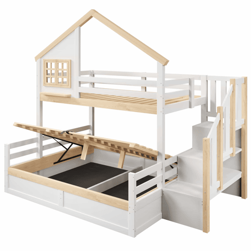 Cama alta 90x200 cm e 140x200 cm - Sistema hidráulico, com grade de proteção, escada com espaço de arrumação, decoração de janela e casinha - Branco + Natural Cama alta 90x200 cm e 140x200 cm - Sistema hidráulico, com grade de proteção, escada com espaço de arrumação, decoração de janela e casinha - Branco + Natural