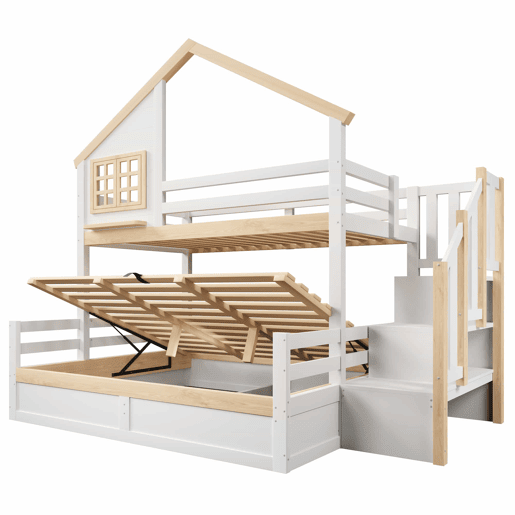 Cama alta 90x200 cm e 140x200 cm - Sistema hidráulico, com grade de proteção, escada com espaço de arrumação, decoração de janela e casinha - Branco + Natural Cama alta 90x200 cm e 140x200 cm - Sistema hidráulico, com grade de proteção, escada com espaço de arrumação, decoração de janela e casinha - Branco + Natural
