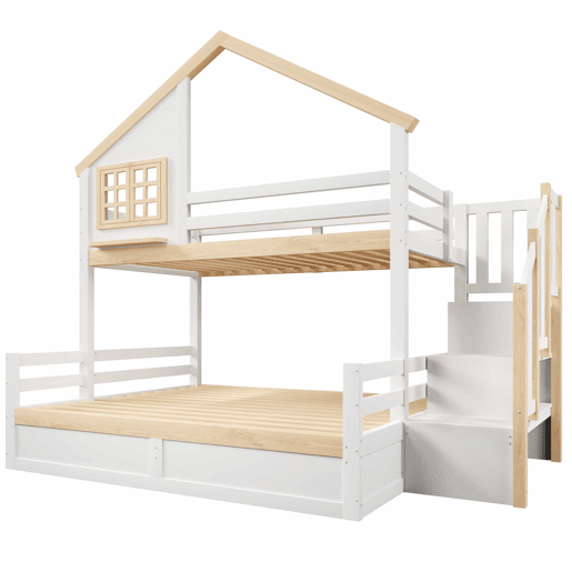 Cama alta 90x200 cm e 140x200 cm - Sistema hidráulico, com grade de proteção, escada com espaço de arrumação, decoração de janela e casinha - Branco + Natural Cama alta 90x200 cm e 140x200 cm - Sistema hidráulico, com grade de proteção, escada com espaço de arrumação, decoração de janela e casinha - Branco + Natural
