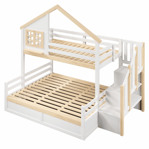 Cama alta 90x200 cm e 140x200 cm - Sistema hidráulico, com grade de proteção, escada com espaço de arrumação, decoração de janela e casinha - Branco + Natural Cama alta 90x200 cm e 140x200 cm - Sistema hidráulico, com grade de proteção, escada com espaço de arrumação, decoração de janela e casinha - Branco + Natural