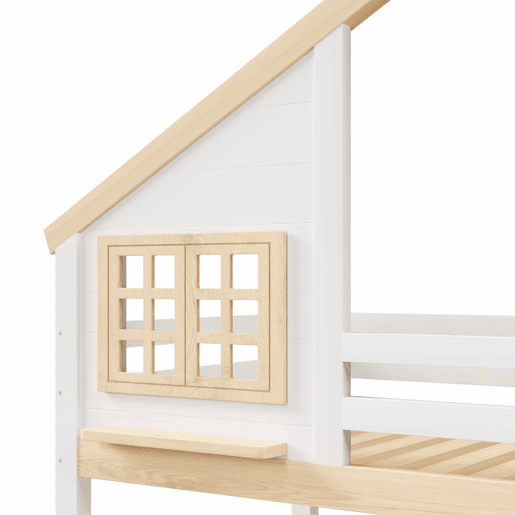 Cama alta 90x200 cm e 140x200 cm - Sistema hidráulico, com grade de proteção, escada com espaço de arrumação, decoração de janela e casinha - Branco + Natural Cama alta 90x200 cm e 140x200 cm - Sistema hidráulico, com grade de proteção, escada com espaço de arrumação, decoração de janela e casinha - Branco + Natural