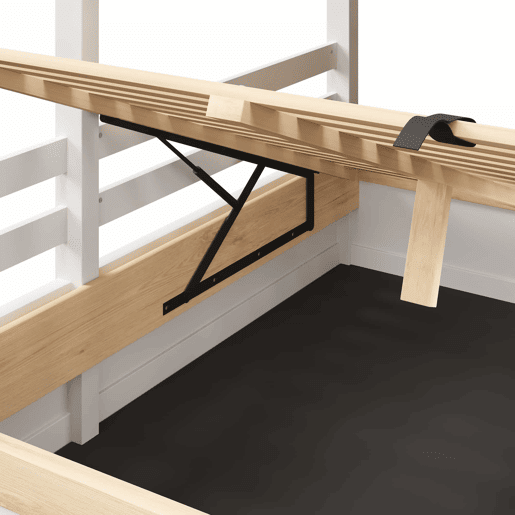 Cama alta 90x200 cm e 140x200 cm - Sistema hidráulico, com grade de proteção, escada com espaço de arrumação, decoração de janela e casinha - Branco + Natural Cama alta 90x200 cm e 140x200 cm - Sistema hidráulico, com grade de proteção, escada com espaço de arrumação, decoração de janela e casinha - Branco + Natural