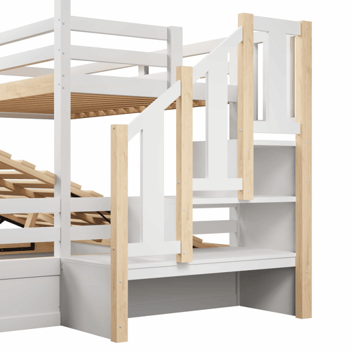 Cama alta 90x200 cm e 140x200 cm - Sistema hidráulico, com grade de proteção, escada com espaço de arrumação, decoração de janela e casinha - Branco + Natural Cama alta 90x200 cm e 140x200 cm - Sistema hidráulico, com grade de proteção, escada com espaço de arrumação, decoração de janela e casinha - Branco + Natural