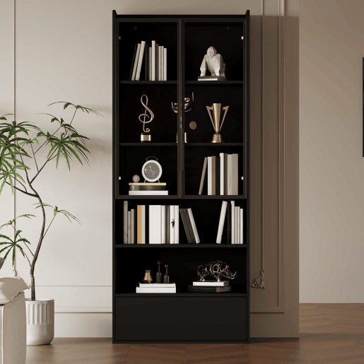 Vitrine alta 80 x 34 x 180 cm - 1 gaveta, portas de vidro, LED, compartimento aberto, prateleira de pé - preto Vitrine alta 80 x 34 x 180 cm - 1 gaveta, portas de vidro, LED, compartimento aberto, prateleira de pé - preto