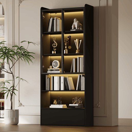 Vitrine alta 80 x 34 x 180 cm - 1 gaveta, portas de vidro, LED, compartimento aberto, prateleira de pé - preto Vitrine alta 80 x 34 x 180 cm - 1 gaveta, portas de vidro, LED, compartimento aberto, prateleira de pé - preto