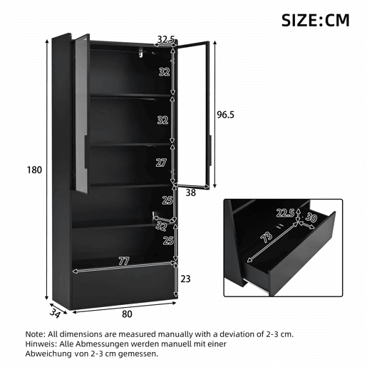 Vitrine alta 80 x 34 x 180 cm - 1 gaveta, portas de vidro, LED, compartimento aberto, prateleira de pé - preto Vitrine alta 80 x 34 x 180 cm - 1 gaveta, portas de vidro, LED, compartimento aberto, prateleira de pé - preto