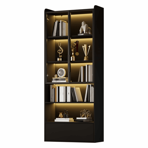 Vitrine alta 80 x 34 x 180 cm - 1 gaveta, portas de vidro, LED, compartimento aberto, prateleira de pé - preto Vitrine alta 80 x 34 x 180 cm - 1 gaveta, portas de vidro, LED, compartimento aberto, prateleira de pé - preto