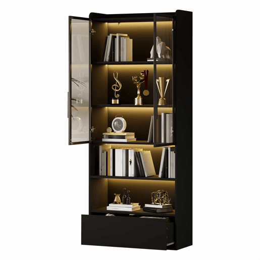 Vitrine alta 80 x 34 x 180 cm - 1 gaveta, portas de vidro, LED, compartimento aberto, prateleira de pé - preto Vitrine alta 80 x 34 x 180 cm - 1 gaveta, portas de vidro, LED, compartimento aberto, prateleira de pé - preto