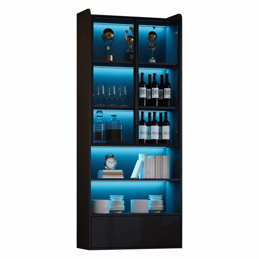Vitrine alta 80 x 34 x 180 cm - 1 gaveta, portas de vidro, LED, compartimento aberto, prateleira de pé - preto Vitrine alta 80 x 34 x 180 cm - 1 gaveta, portas de vidro, LED, compartimento aberto, prateleira de pé - preto