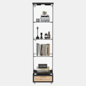 Vitrine moderna em vidro 167 x 42,5 x 36,5 cm - com LED, 1 porta e 4 prateleiras - preta