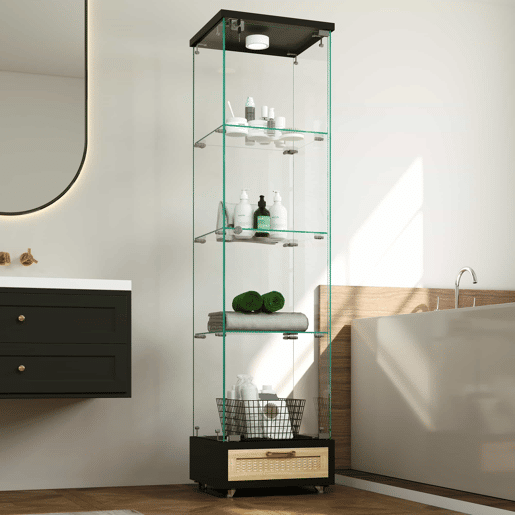 Vitrine moderna em vidro 167 x 42,5 x 36,5 cm - com LED, 1 porta e 4 prateleiras - preta