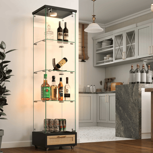 Vitrine moderna em vidro 167 x 42,5 x 36,5 cm - com LED, 1 porta e 4 prateleiras - preta