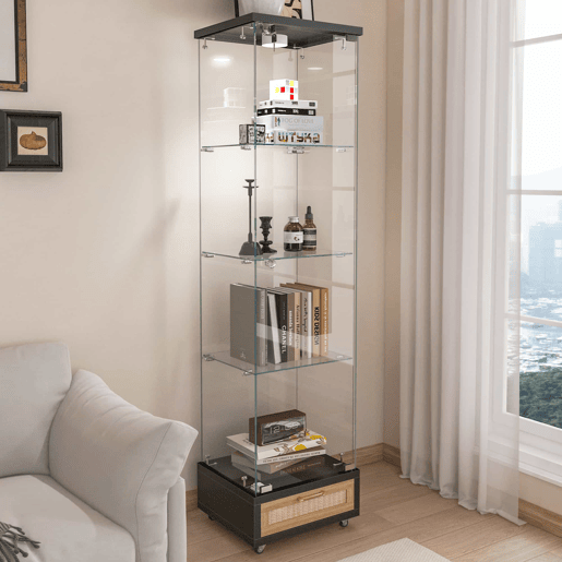 Vitrine moderna em vidro 167 x 42,5 x 36,5 cm - com LED, 1 porta e 4 prateleiras - preta