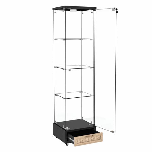 Vitrine moderna em vidro 167 x 42,5 x 36,5 cm - com LED, 1 porta e 4 prateleiras - preta
