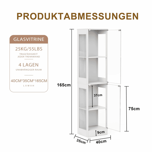 Vitrine de vidro 40 x 35 x 165 cm - 4 prateleiras, iluminação LED, portas de vidro, sensores inteligentes - Branco Vitrine de vidro 40 x 35 x 165 cm - 4 prateleiras, iluminação LED, portas de vidro, sensores inteligentes - Branco