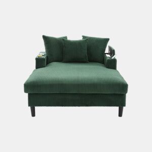 Sofá Lounge de 1 lugar - Multifuncional com chaise longue, porta-copos, iluminação LED, espaço de arrumação e porta USB - Verde-esmeralda