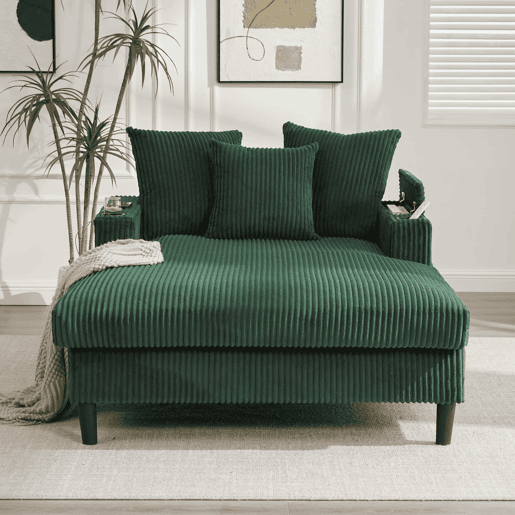 Sofá Lounge de 1 lugar - Multifuncional com chaise longue, porta-copos, iluminação LED, espaço de arrumação e porta USB - Verde-esmeralda Sofá Lounge de 1 lugar - Multifuncional com chaise longue, porta-copos, iluminação LED, espaço de arrumação e porta USB - Verde-esmeralda