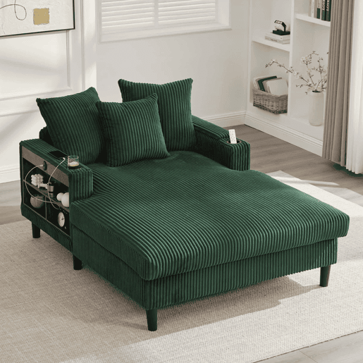 Sofá Lounge de 1 lugar - Multifuncional com chaise longue, porta-copos, iluminação LED, espaço de arrumação e porta USB - Verde-esmeralda Sofá Lounge de 1 lugar - Multifuncional com chaise longue, porta-copos, iluminação LED, espaço de arrumação e porta USB - Verde-esmeralda