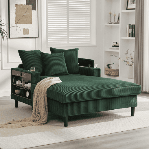 Sofá Lounge de 1 lugar - Multifuncional com chaise longue, porta-copos, iluminação LED, espaço de arrumação e porta USB - Verde-esmeralda Sofá Lounge de 1 lugar - Multifuncional com chaise longue, porta-copos, iluminação LED, espaço de arrumação e porta USB - Verde-esmeralda