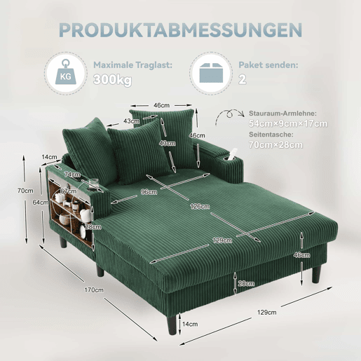 Sofá Lounge de 1 lugar - Multifuncional com chaise longue, porta-copos, iluminação LED, espaço de arrumação e porta USB - Verde-esmeralda Sofá Lounge de 1 lugar - Multifuncional com chaise longue, porta-copos, iluminação LED, espaço de arrumação e porta USB - Verde-esmeralda