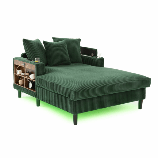Sofá Lounge de 1 lugar - Multifuncional com chaise longue, porta-copos, iluminação LED, espaço de arrumação e porta USB - Verde-esmeralda Sofá Lounge de 1 lugar - Multifuncional com chaise longue, porta-copos, iluminação LED, espaço de arrumação e porta USB - Verde-esmeralda