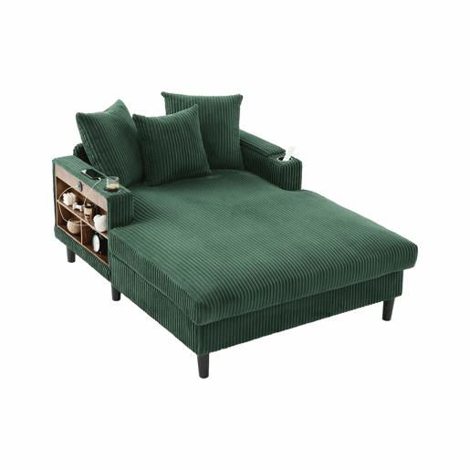 Sofá Lounge de 1 lugar - Multifuncional com chaise longue, porta-copos, iluminação LED, espaço de arrumação e porta USB - Verde-esmeralda Sofá Lounge de 1 lugar - Multifuncional com chaise longue, porta-copos, iluminação LED, espaço de arrumação e porta USB - Verde-esmeralda