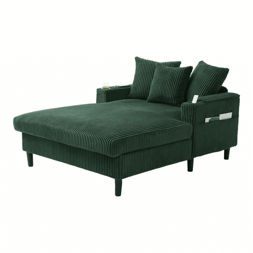 Sofá Lounge de 1 lugar - Multifuncional com chaise longue, porta-copos, iluminação LED, espaço de arrumação e porta USB - Verde-esmeralda Sofá Lounge de 1 lugar - Multifuncional com chaise longue, porta-copos, iluminação LED, espaço de arrumação e porta USB - Verde-esmeralda