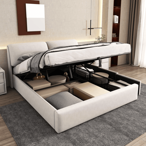 Cama estofada 180x200 cm - com sistema hidráulico, 3 gavetas, baú de arrumação, base com cabeceira, sem colchão, veludo - bege Cama estofada 180x200 cm - com sistema hidráulico, 3 gavetas, baú de arrumação, base com cabeceira, sem colchão, veludo - bege