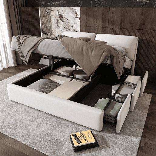 Cama estofada 180x200 cm - com sistema hidráulico, 3 gavetas, baú de arrumação, base com cabeceira, sem colchão, veludo - bege Cama estofada 180x200 cm - com sistema hidráulico, 3 gavetas, baú de arrumação, base com cabeceira, sem colchão, veludo - bege