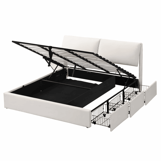 Cama estofada 180x200 cm - com sistema hidráulico, 3 gavetas, baú de arrumação, base com cabeceira, sem colchão, veludo - bege Cama estofada 180x200 cm - com sistema hidráulico, 3 gavetas, baú de arrumação, base com cabeceira, sem colchão, veludo - bege