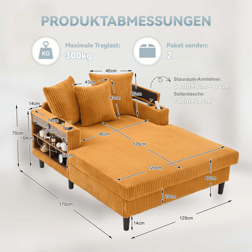 Sofá Lounge Multifuncional de 1 lugar - Chaise longue com ampla superfície de descanso, porta-copos em ambos os lados, iluminação LED, bolso lateral, espaço de arrumação, porta de carregamento USB, pés de plástico estáveis - Cor mostarda Sofá Lounge Multifuncional de 1 lugar - Chaise longue com ampla superfície de descanso, porta-copos em ambos os lados, iluminação LED, bolso lateral, espaço de arrumação, porta de carregamento USB, pés de plástico estáveis - Cor mostarda