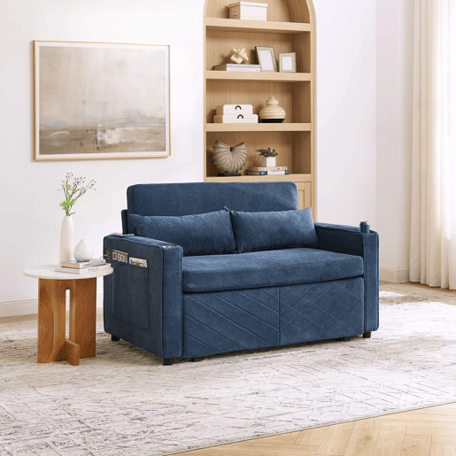 Sofá-cama de 2 lugares 3 em 1 - Design minimalista, mecanismo deslizante, porta USB, ideal para sestas - Azul-marinho Sofá-cama de 2 lugares 3 em 1 - Design minimalista, mecanismo deslizante, porta USB, ideal para sestas - Azul-marinho