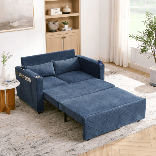 Sofá-cama de 2 lugares 3 em 1 - Design minimalista, mecanismo deslizante, porta USB, ideal para sestas - Azul-marinho Sofá-cama de 2 lugares 3 em 1 - Design minimalista, mecanismo deslizante, porta USB, ideal para sestas - Azul-marinho