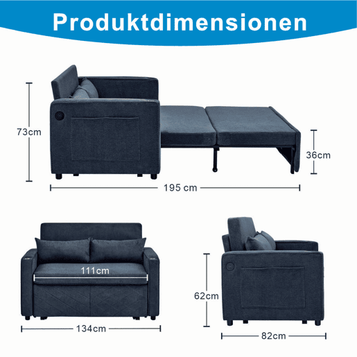 Sofá-cama de 2 lugares 3 em 1 - Design minimalista, mecanismo deslizante, porta USB, ideal para sestas - Azul-marinho Sofá-cama de 2 lugares 3 em 1 - Design minimalista, mecanismo deslizante, porta USB, ideal para sestas - Azul-marinho