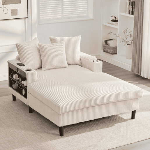 Sofá Lounge Multifuncional com Chaise Longue - Ampla Superfície de Descanso, Porta-copos em Ambos os Lados, Iluminação LED, Bolso Lateral, Porta USB, Espaço de Arrumo, Pés de Plástico Estáveis - Bege - 1 Lugar Sofá Lounge Multifuncional com Chaise Longue - Ampla Superfície de Descanso, Porta-copos em Ambos os Lados, Iluminação LED, Bolso Lateral, Porta USB, Espaço de Arrumo, Pés de Plástico Estáveis - Bege - 1 Lugar