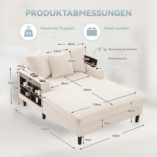 Sofá Lounge Multifuncional com Chaise Longue - Ampla Superfície de Descanso, Porta-copos em Ambos os Lados, Iluminação LED, Bolso Lateral, Porta USB, Espaço de Arrumo, Pés de Plástico Estáveis - Bege - 1 Lugar Sofá Lounge Multifuncional com Chaise Longue - Ampla Superfície de Descanso, Porta-copos em Ambos os Lados, Iluminação LED, Bolso Lateral, Porta USB, Espaço de Arrumo, Pés de Plástico Estáveis - Bege - 1 Lugar