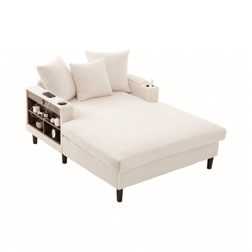 Sofá Lounge Multifuncional com Chaise Longue - Ampla Superfície de Descanso, Porta-copos em Ambos os Lados, Iluminação LED, Bolso Lateral, Porta USB, Espaço de Arrumo, Pés de Plástico Estáveis - Bege - 1 Lugar Sofá Lounge Multifuncional com Chaise Longue - Ampla Superfície de Descanso, Porta-copos em Ambos os Lados, Iluminação LED, Bolso Lateral, Porta USB, Espaço de Arrumo, Pés de Plástico Estáveis - Bege - 1 Lugar